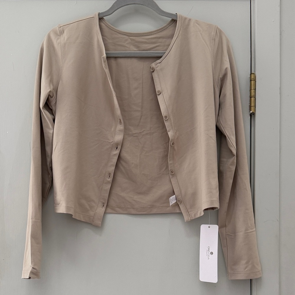 CRZ YOGA Lightweight Taupe Button-Front Long Sleeve Top